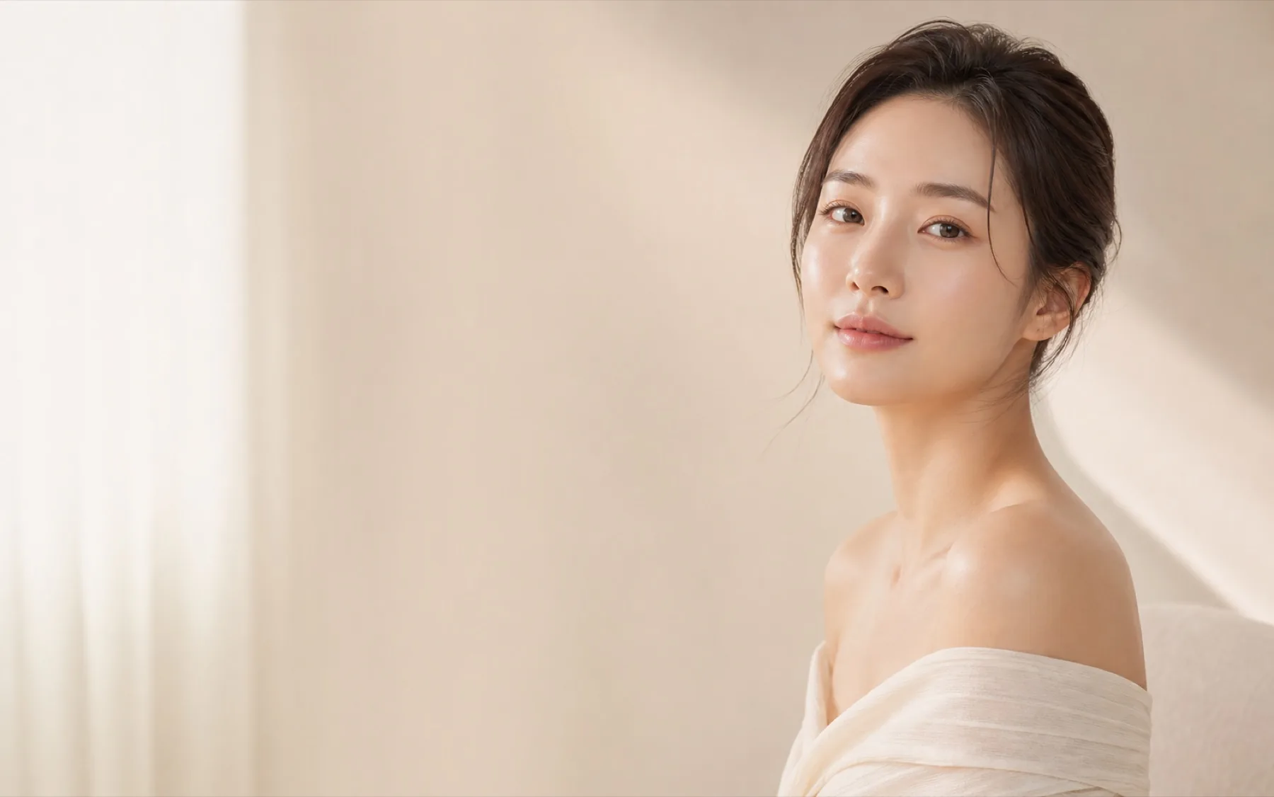 부드러운 베이지 배경 앞에서 맑은 피부를 보여주는 여성